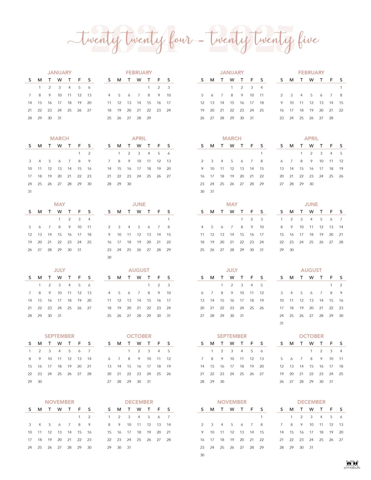 2024-2025 Two Year Calendars - 10 FREE Printables | Printabulls