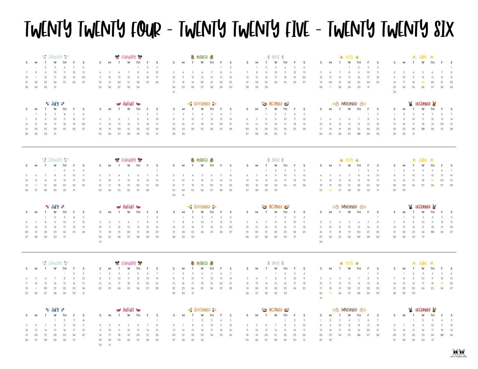 20242026 Three Year Calendars 10 FREE Printables Printabulls