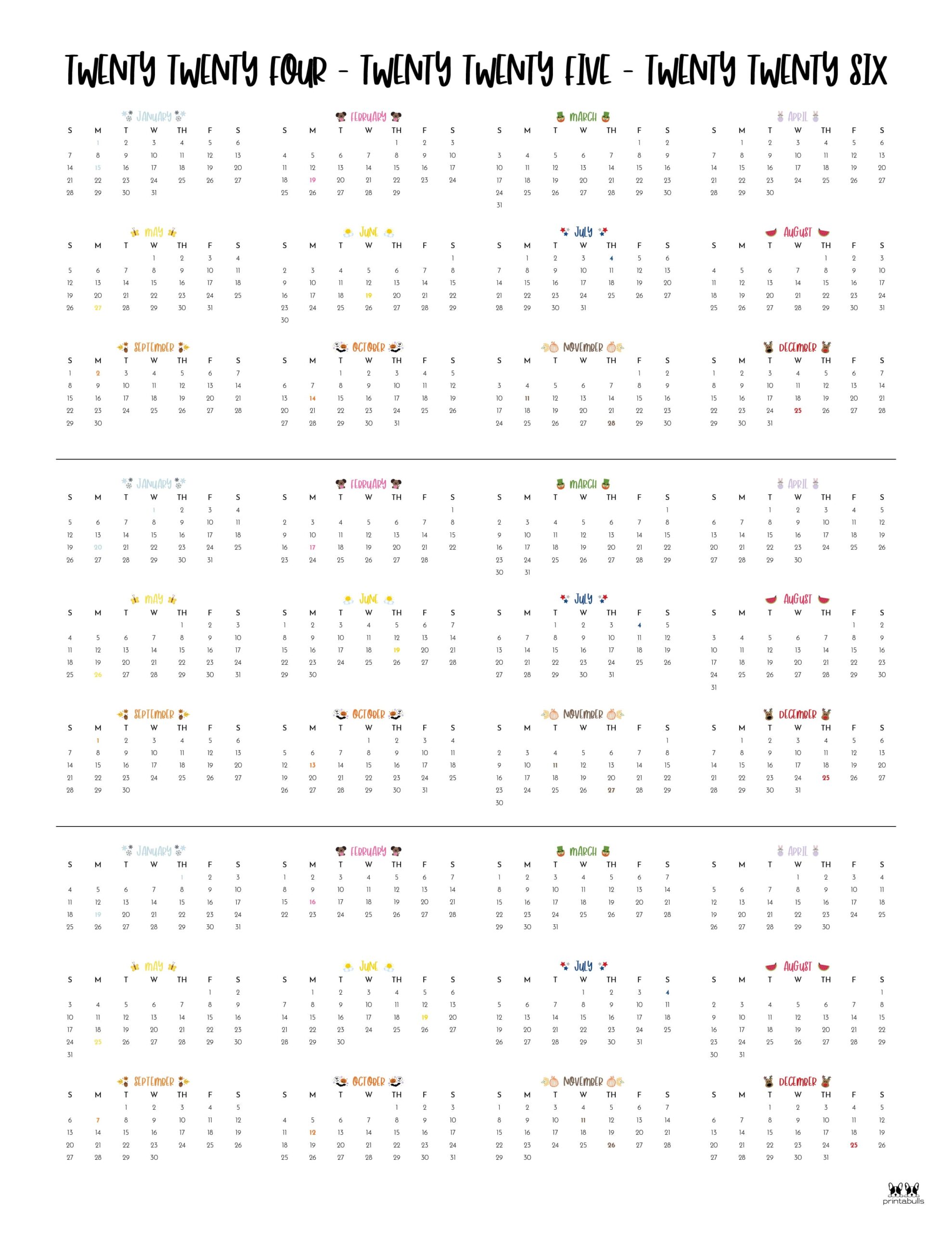 2024-2026 Three Year Calendars - 10 FREE Printables | Printabulls