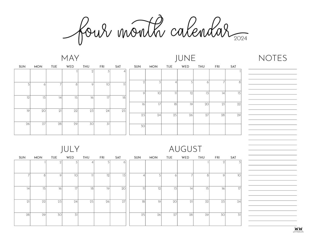2024 Four Month Calendars 18 FREE Printables Printabulls