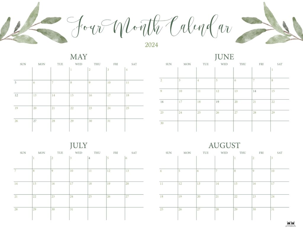 2024 Four Month Calendars 18 FREE Printables Printabulls
