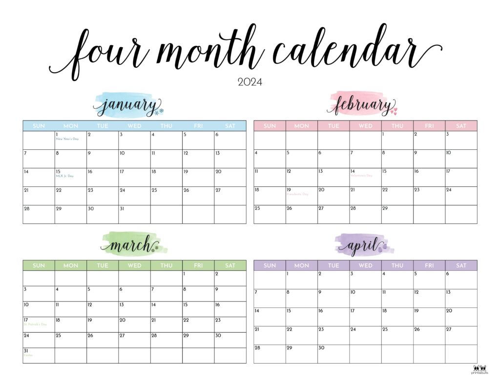 2024 Four Month Calendars 18 FREE Printables Printabulls