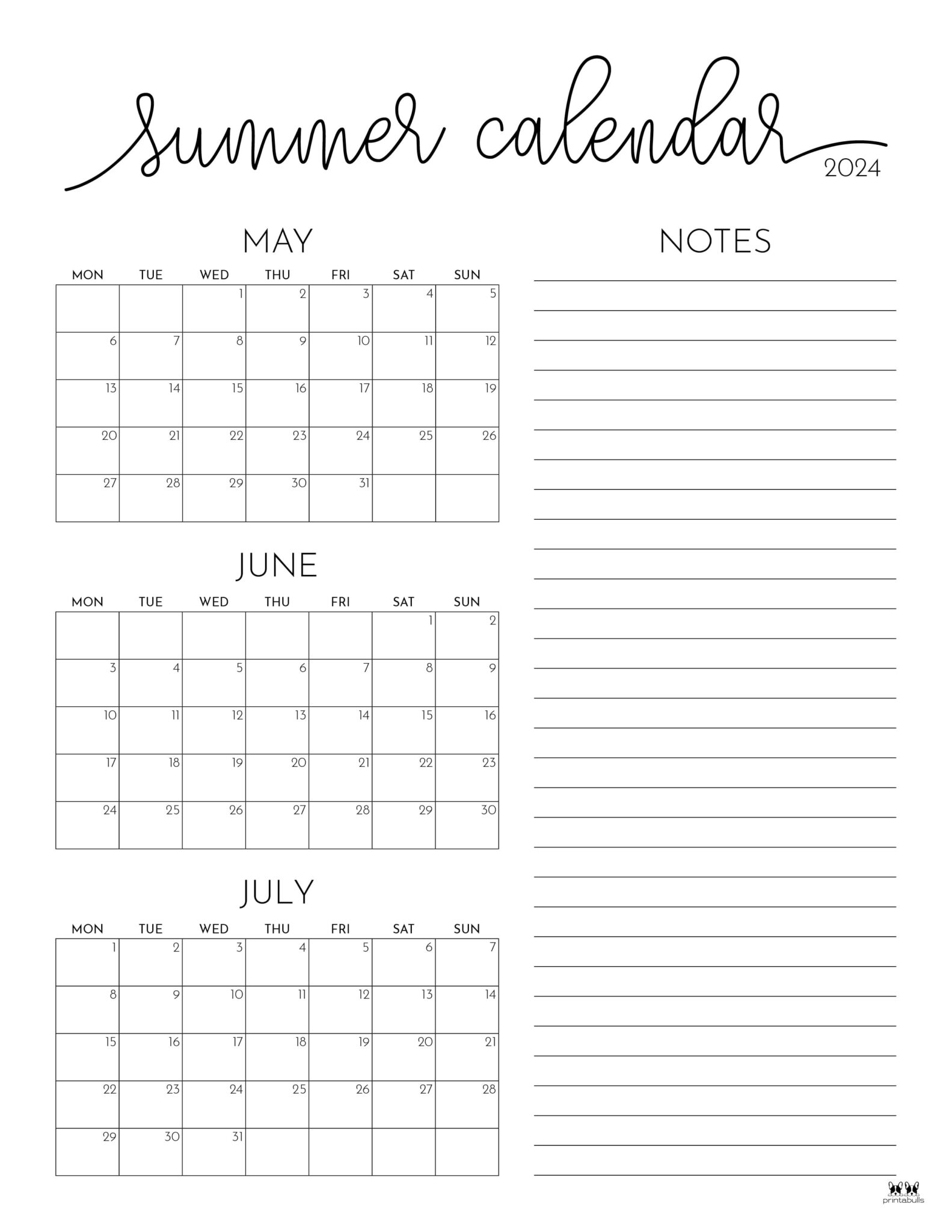 2025 Summer Calendars 18 FREE Printables Printabulls