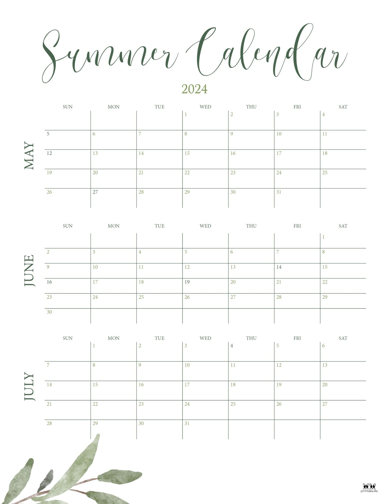 2024 Summer Calendars 18 FREE Printables Printabulls