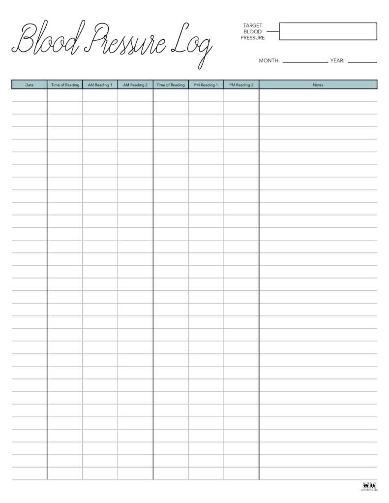 Blood Pressure Logs - 25 FREE Printables | Printabulls