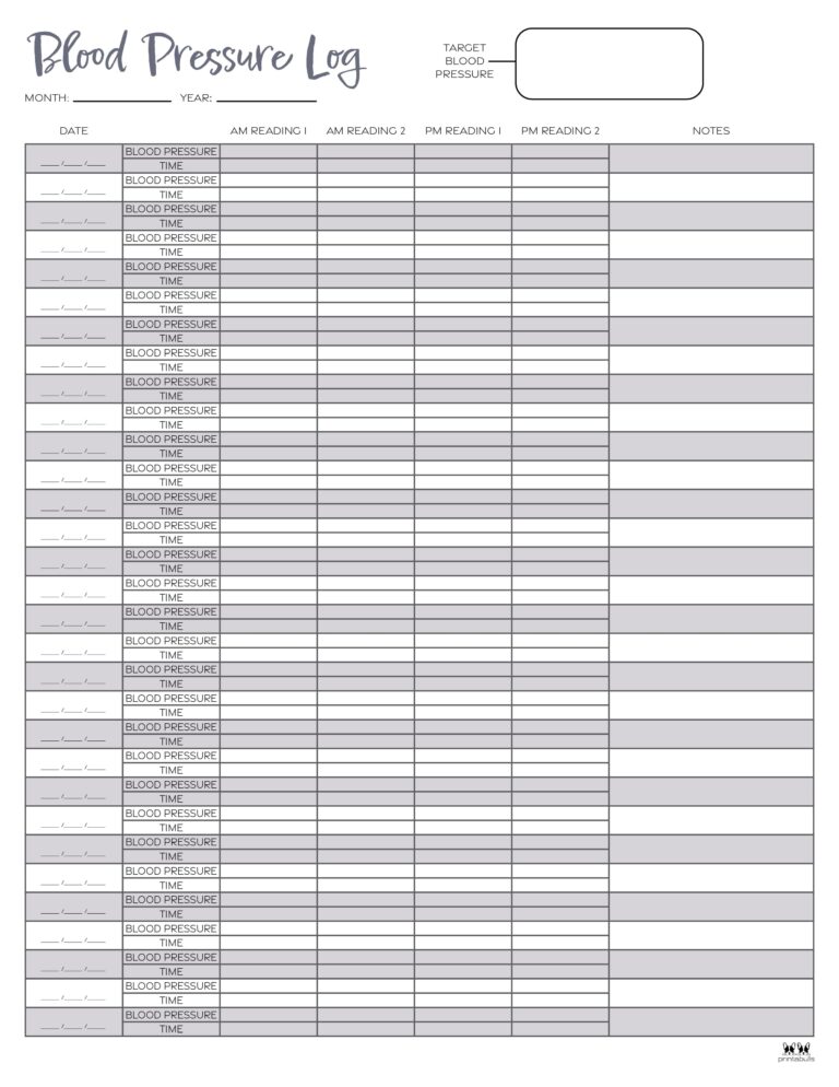 Blood Pressure Logs - 25 FREE Printables | Printabulls