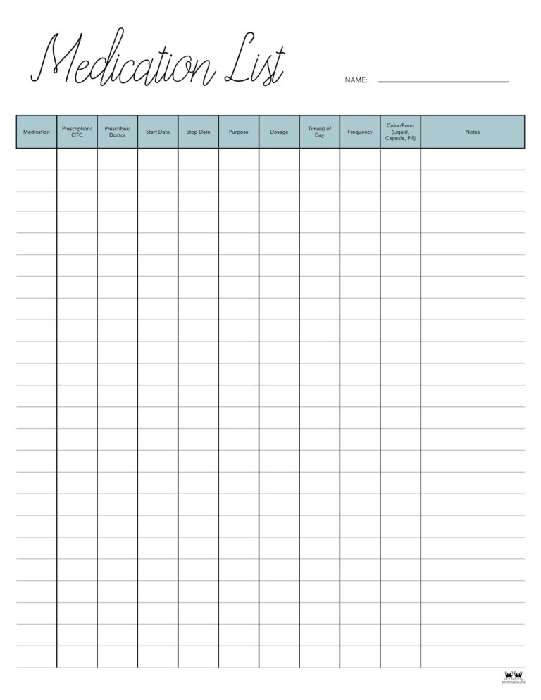 Medication list templates 25 free printables printabulls