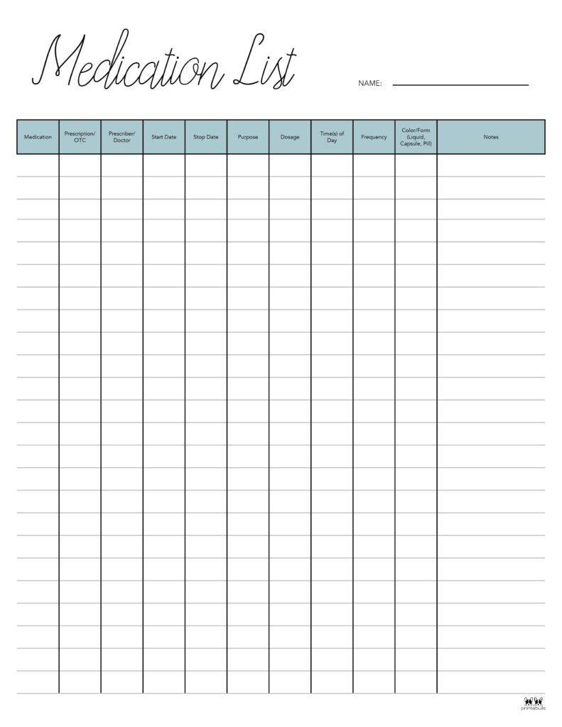Medication List Templates - 25 FREE Printables | Printabulls
