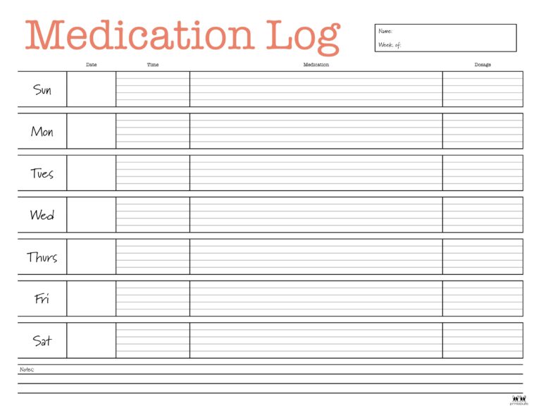 Medication Logs - 25 FREE Printables | Printabulls