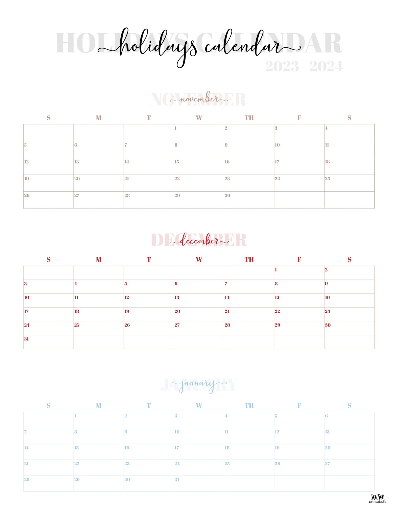 November December 2023 Calendars - 12 Printables | Printabulls