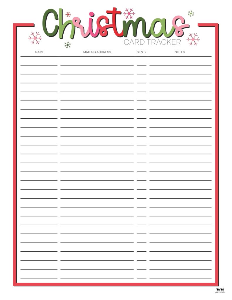 Christmas Card List Templates - 12 FREE Pages | Printabulls