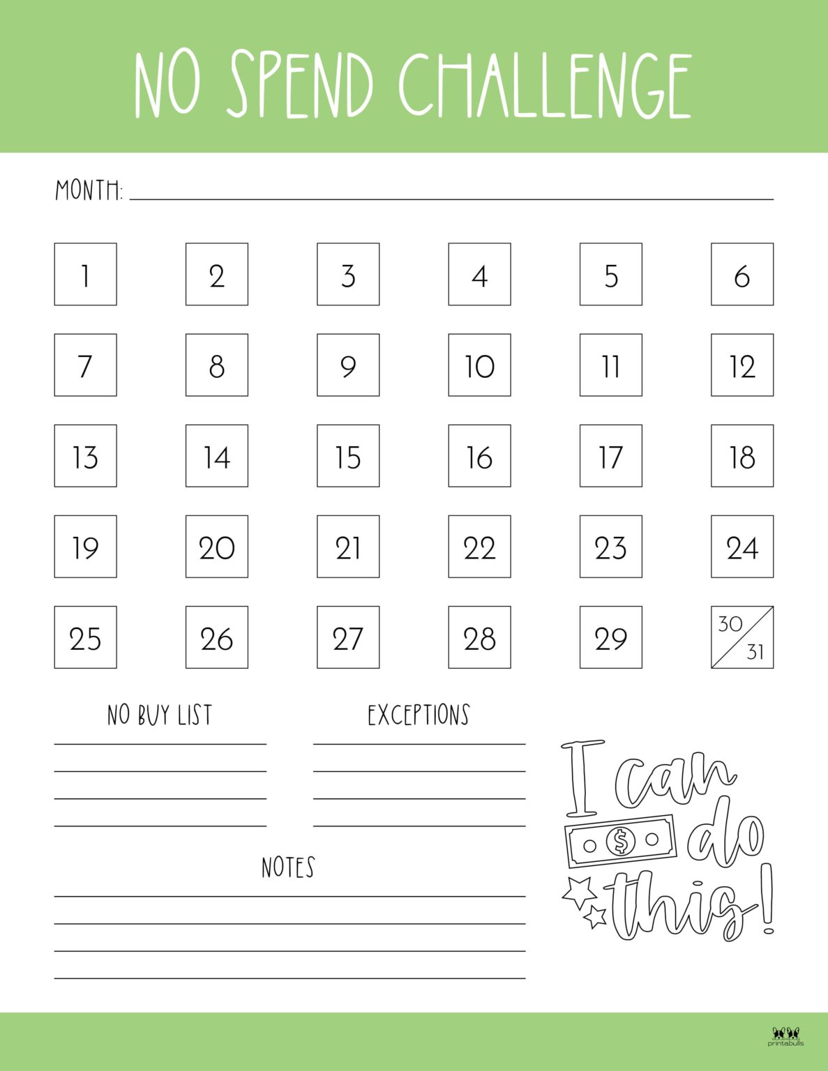 No Spend Challenge Printables Printabulls