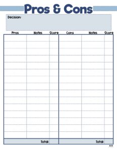 Pros &amp; Cons List Templates - 18 Printables | Printabulls