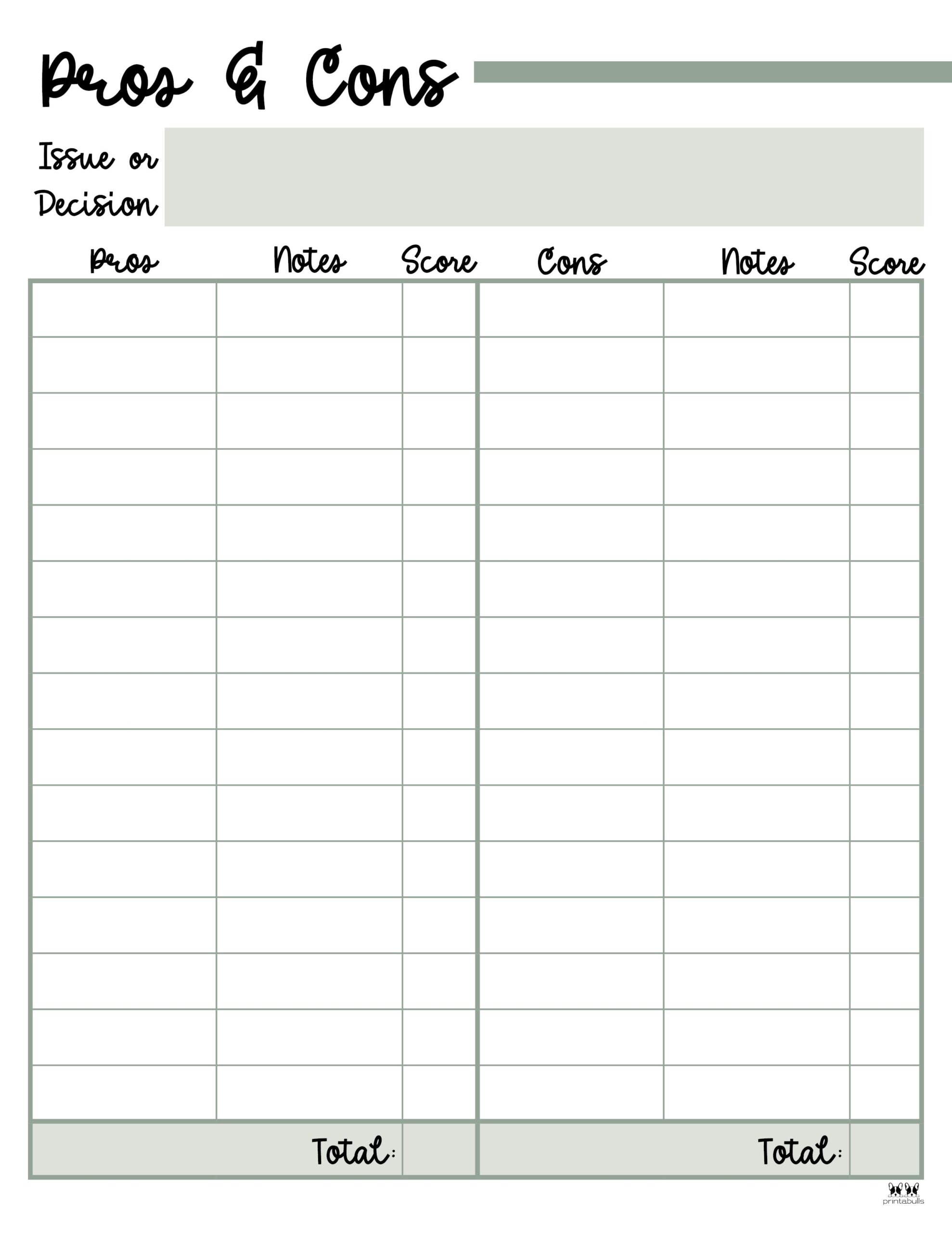 Pros &amp; Cons List Templates - 18 Printables | Printabulls