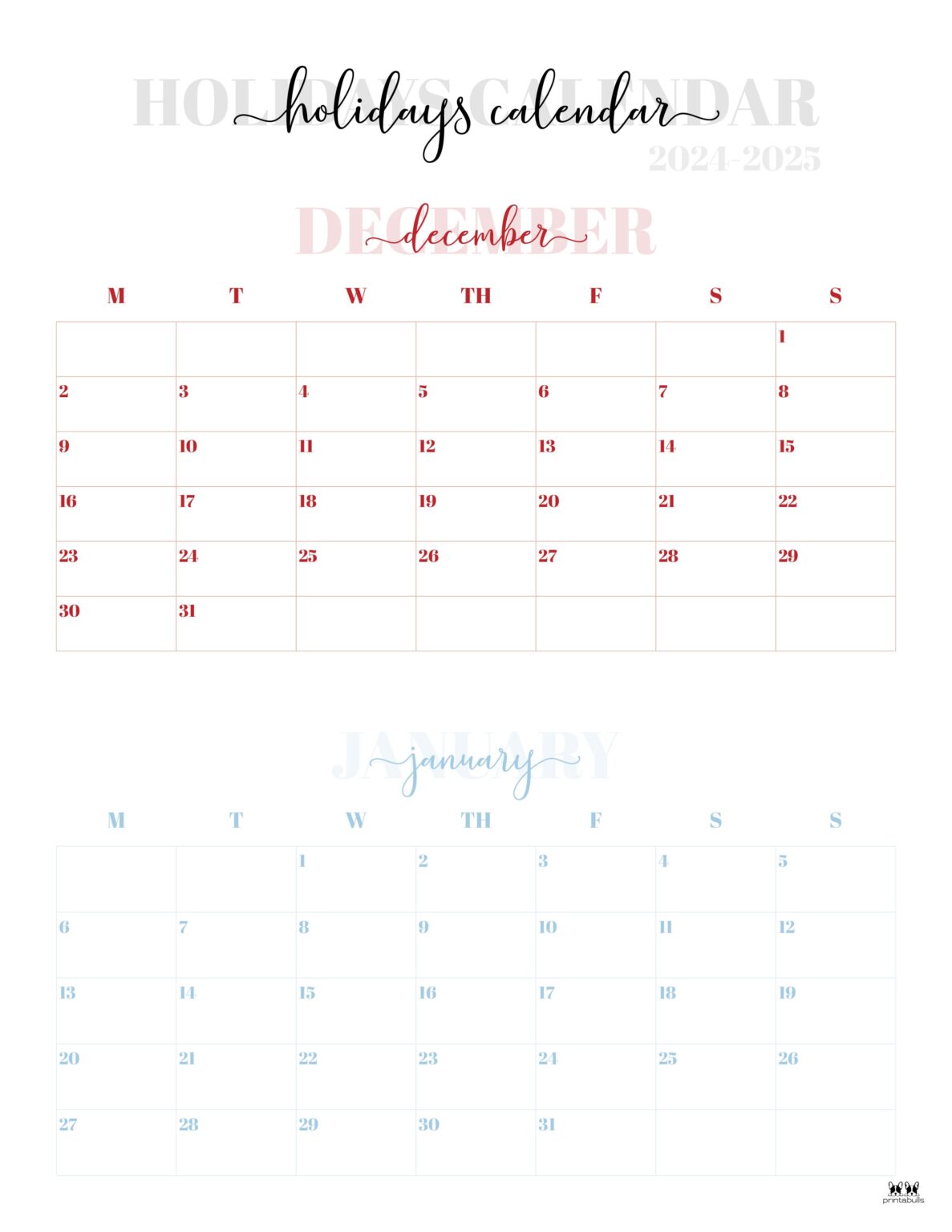 November December 2024 Calendars - 28 Printables | Printabulls