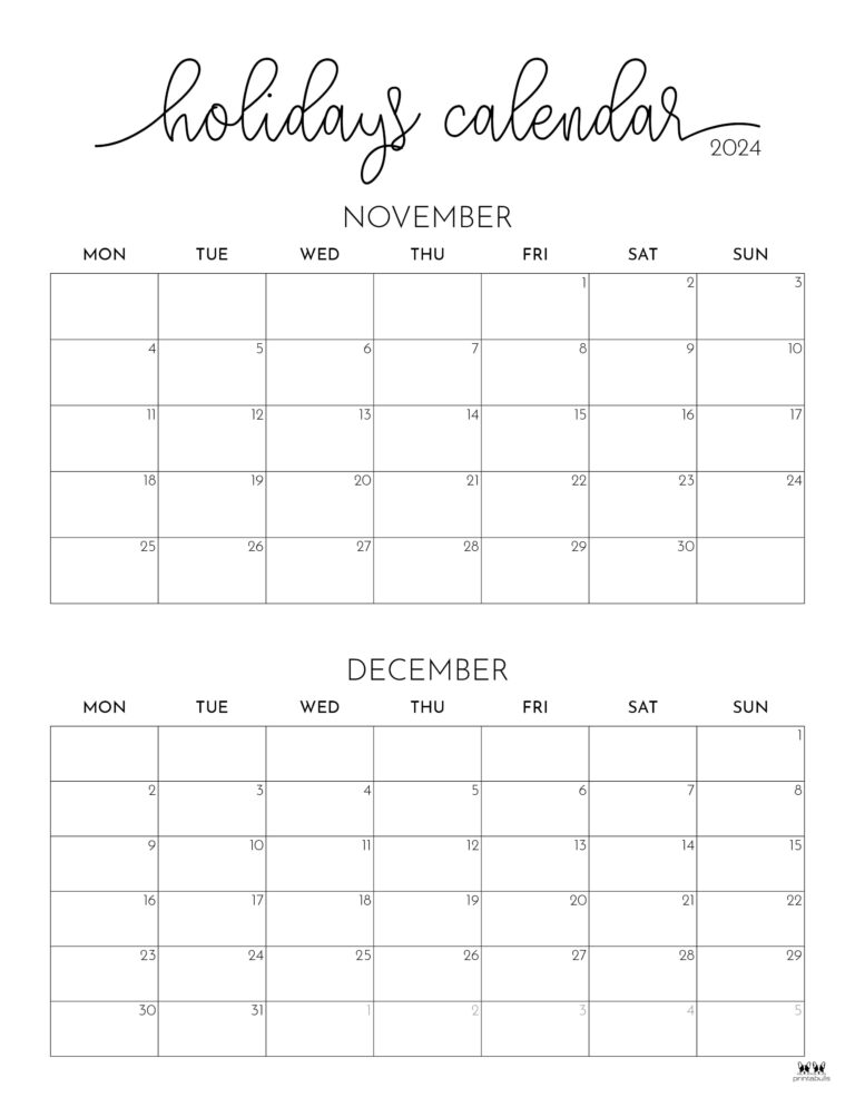November December 2024 Calendars - 28 Printables | Printabulls
