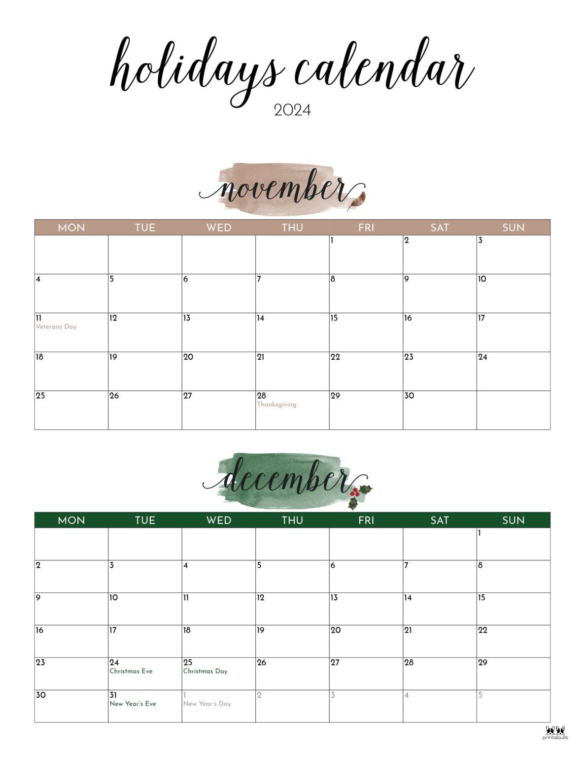 November December 2024 Calendars - 28 Printables | Printabulls
