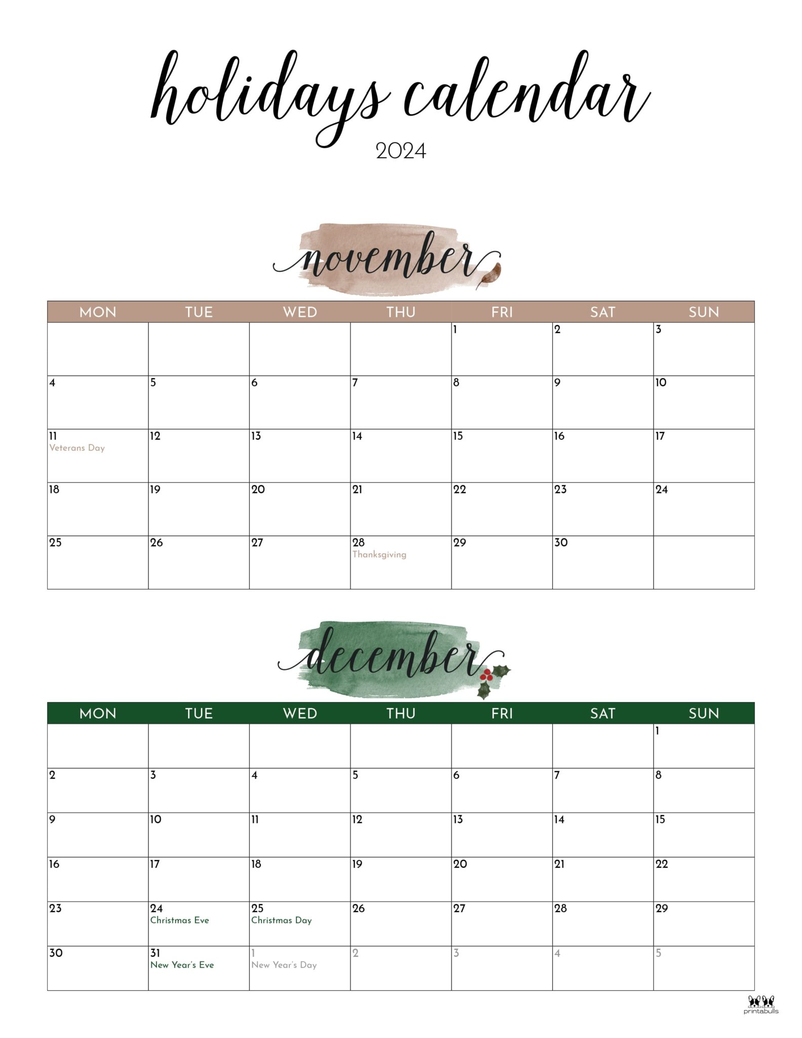 November December 2024 Calendars - 28 Printables | Printabulls