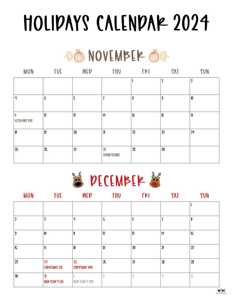 November December 2024 Calendars - 28 Printables | Printabulls