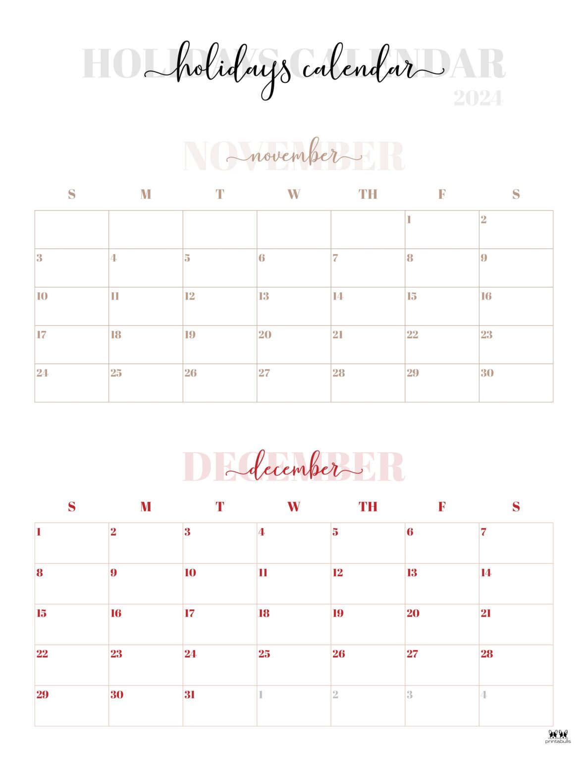 November December 2024 Calendars - 28 Printables | Printabulls