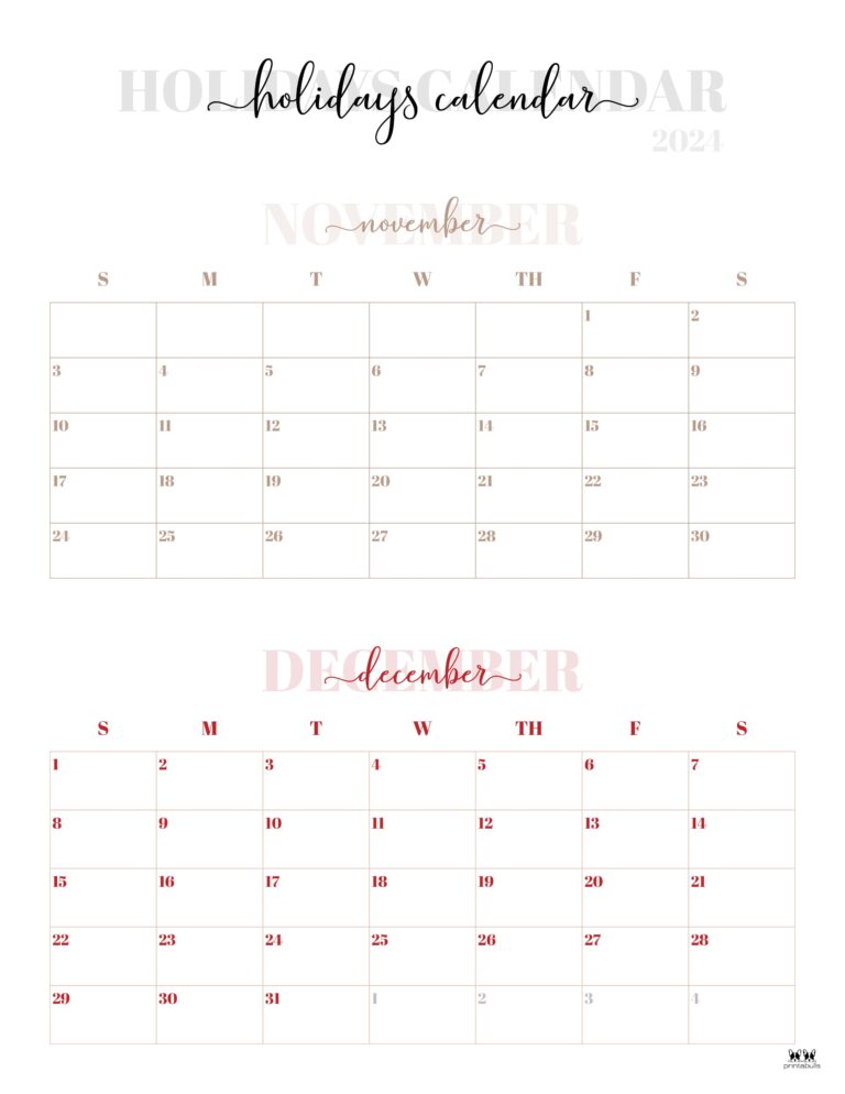 November December 2024 Calendars - 28 Printables | Printabulls