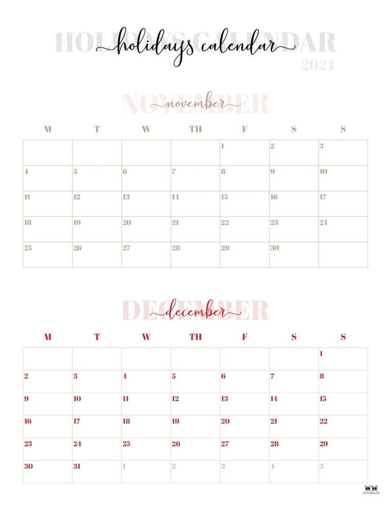 November December 2024 Calendars - 28 Printables | Printabulls