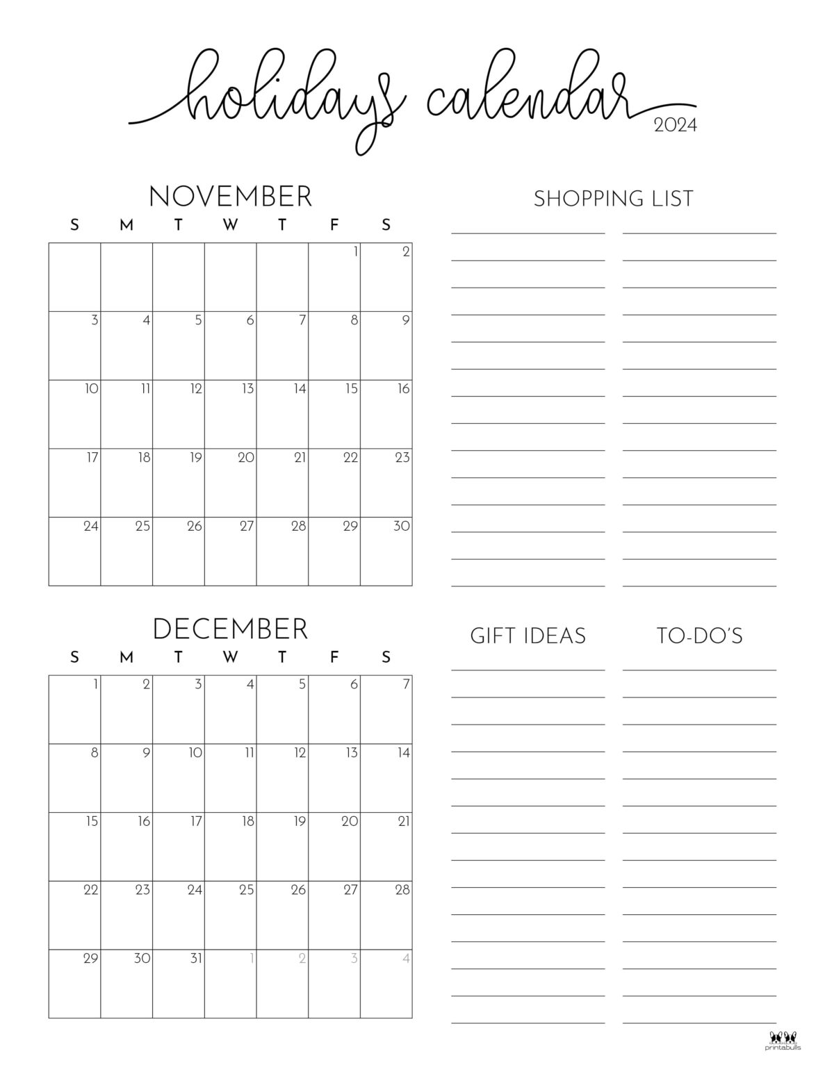 November December 2024 Calendars - 28 Printables | Printabulls