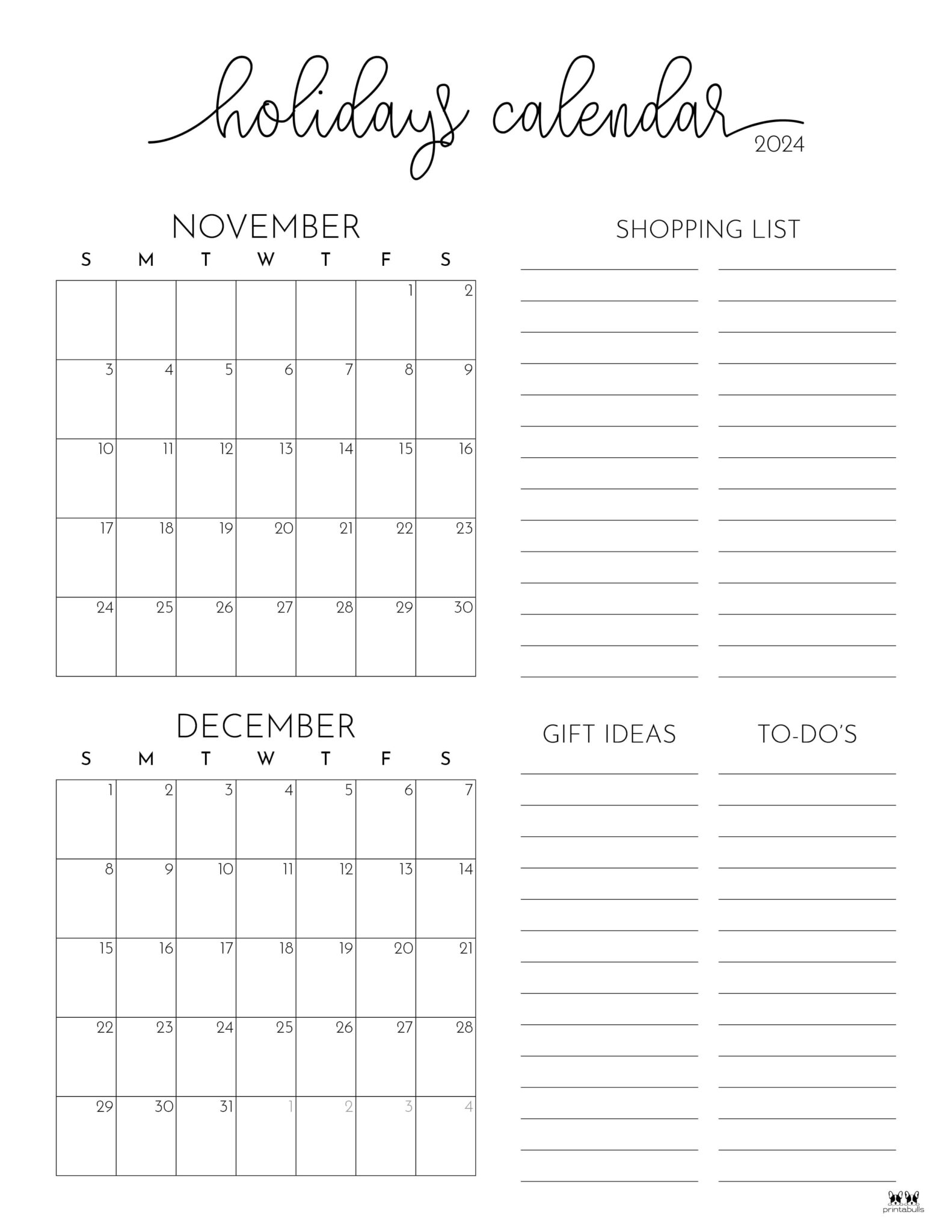 November December 2024 Calendars - 28 Printables | Printabulls