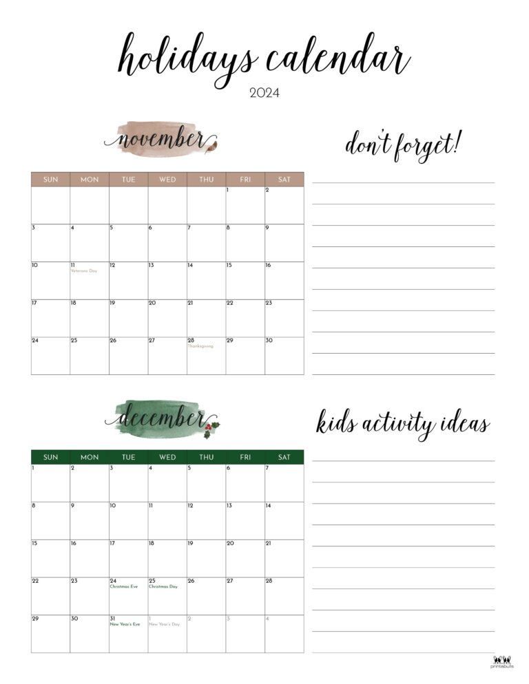 November December 2024 Calendars - 28 Printables | Printabulls