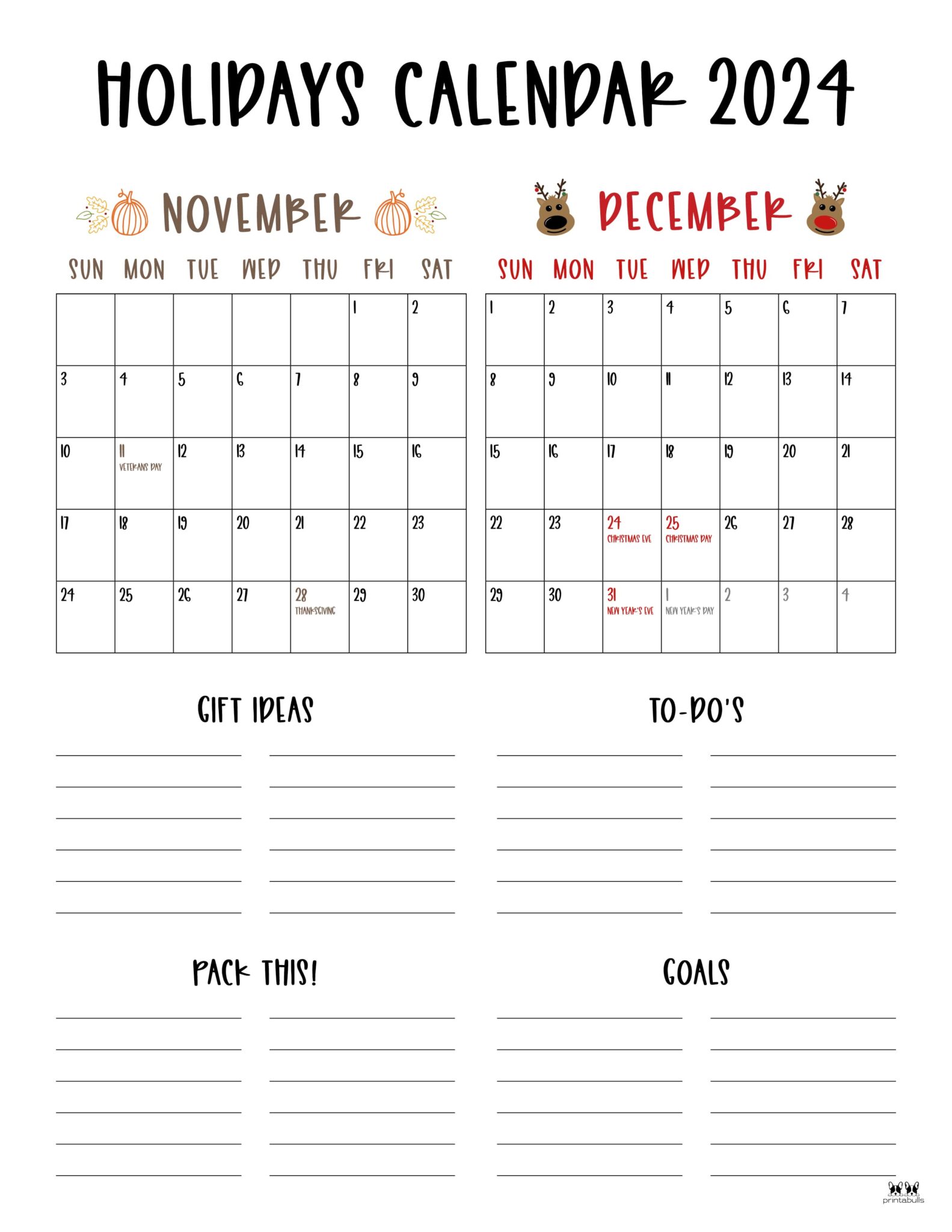 November December 2024 Calendars - 28 Printables | Printabulls