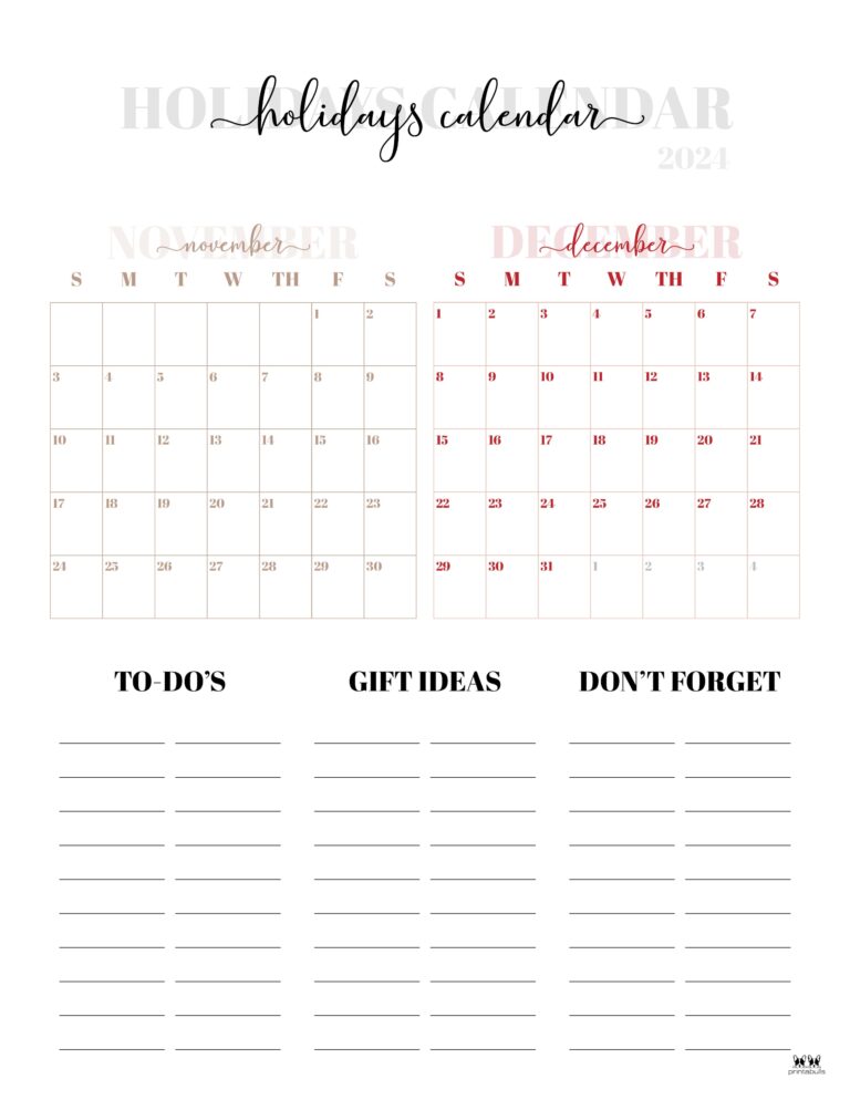 November December 2024 Calendars - 28 Printables | Printabulls