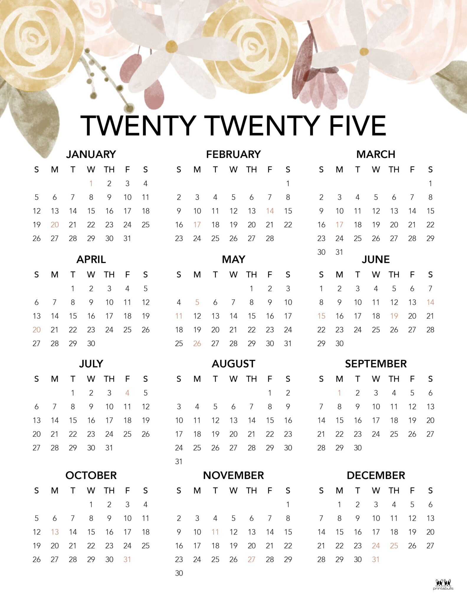 2025 Yearly Calendars 29 FREE Printables PrintaBulk
