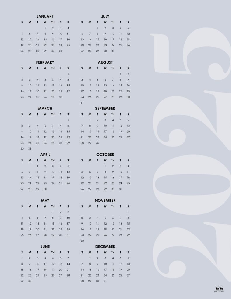 2025 Yearly Calendars - 29 FREE Printables - PrintaBulk