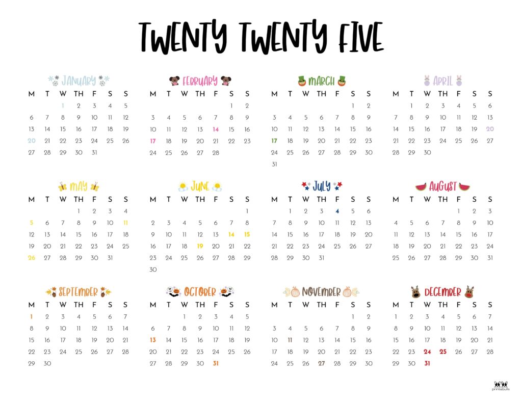 2025 Yearly Calendars - 29 FREE Printables | Printabulls