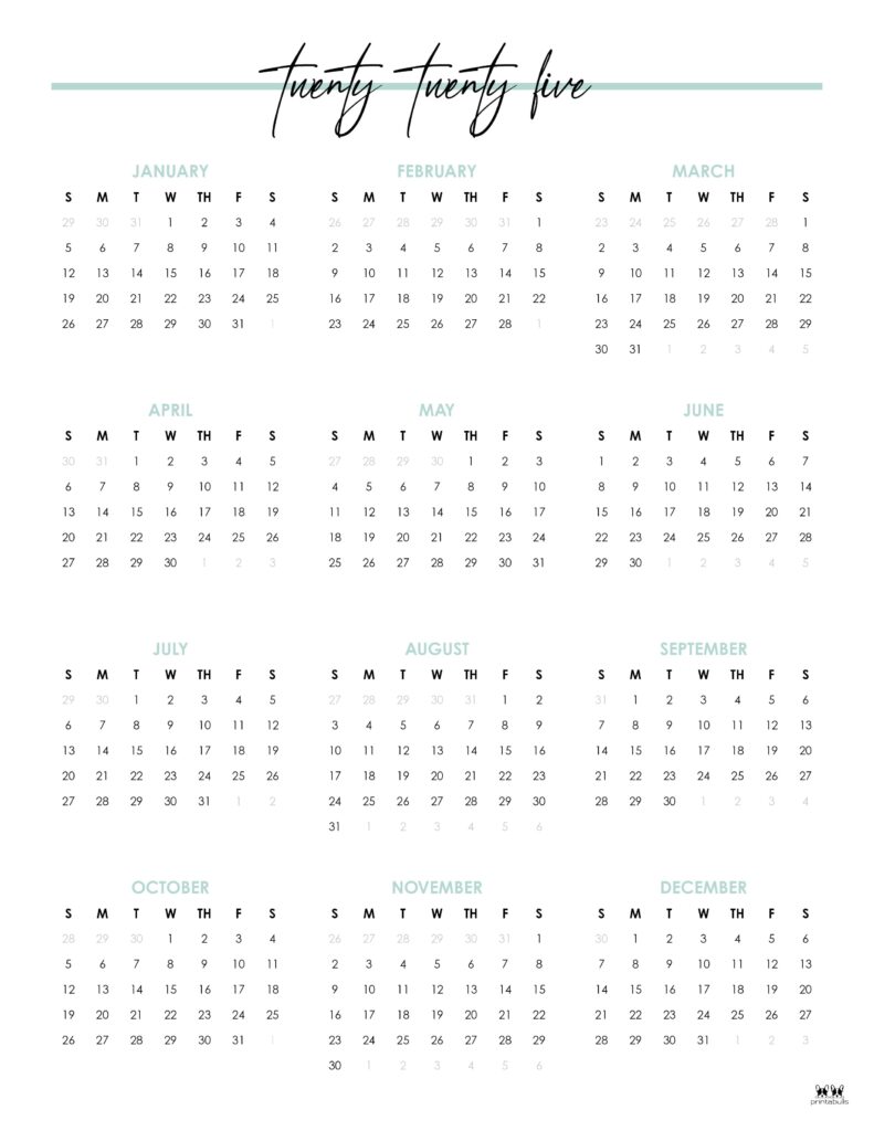 2025 Yearly Calendars 29 FREE Printables PrintaBulk