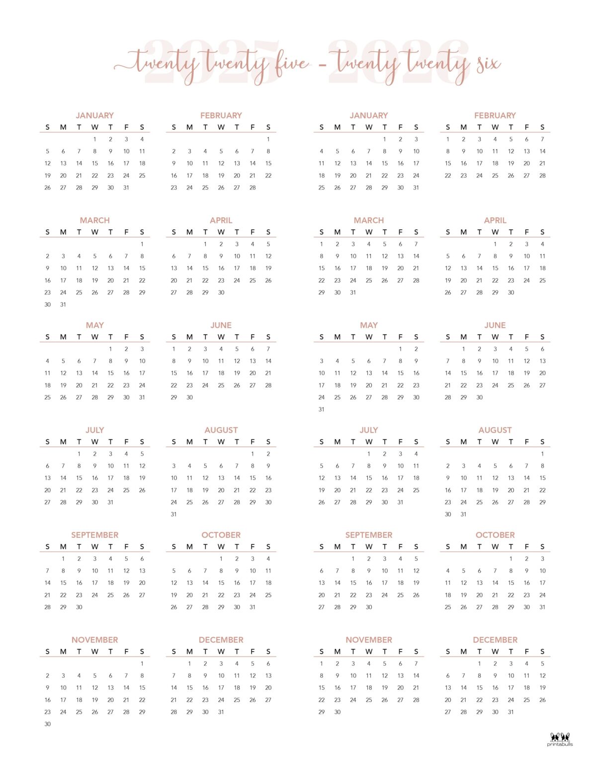 2025-2026 Two Year Calendars - 10 FREE Cals - PrintaBulk