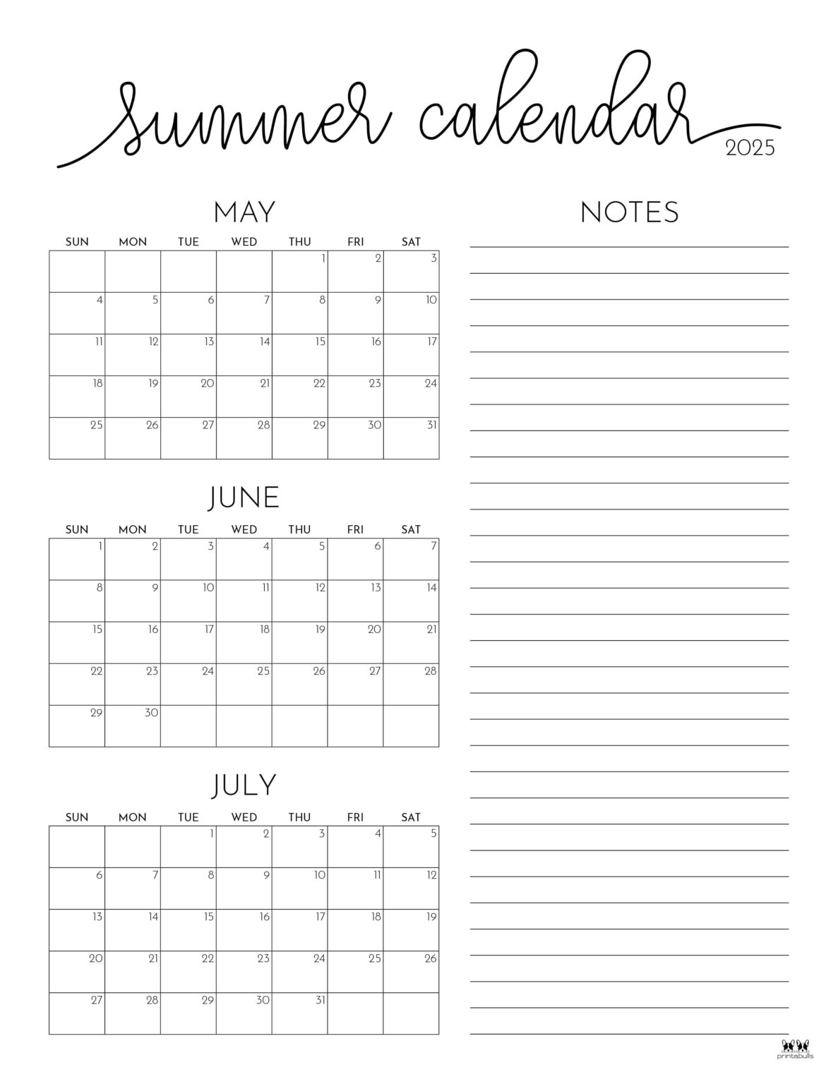 2025 Summer Calendars 27 FREE Printables Printabulls