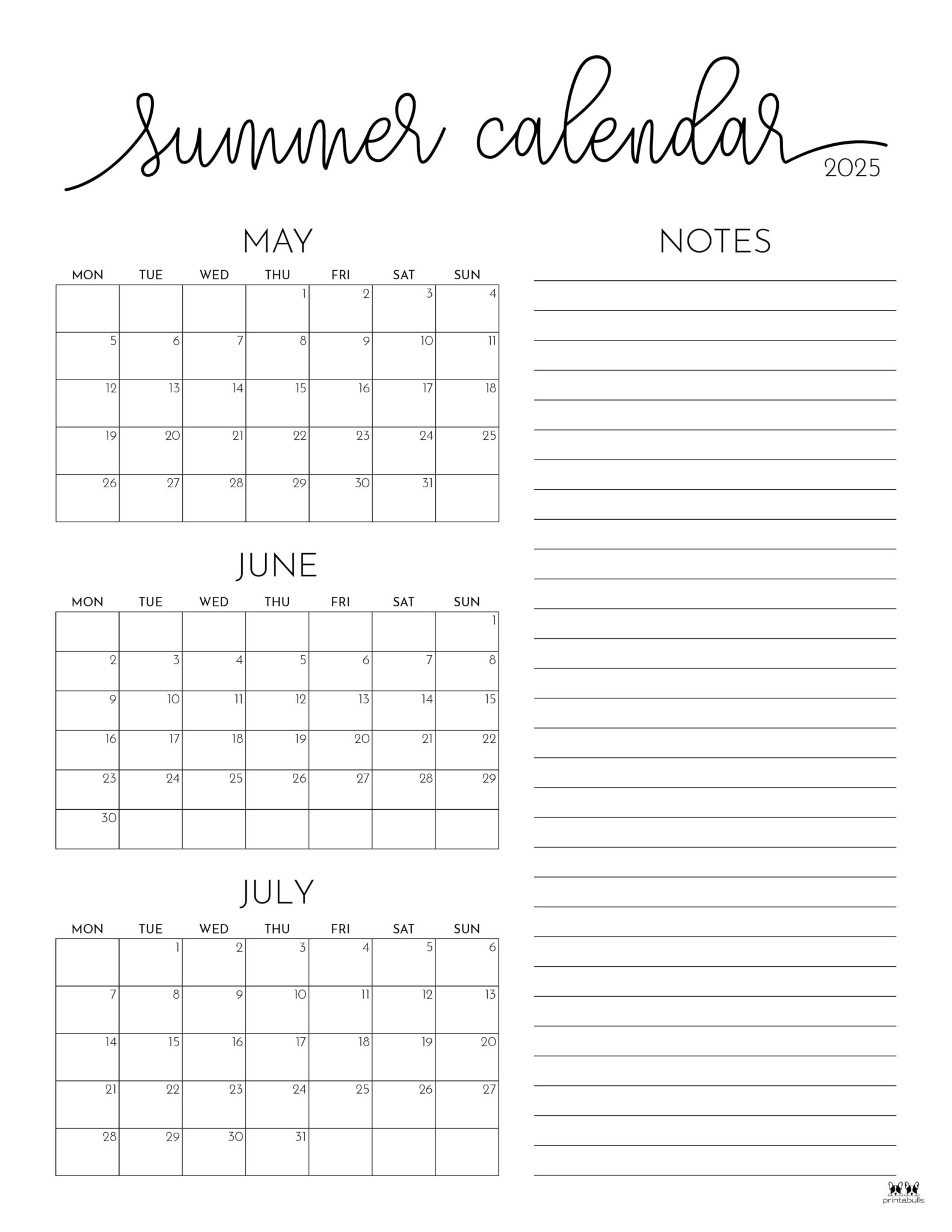 2025 Summer Calendars - 27 FREE Printables | Printabulls