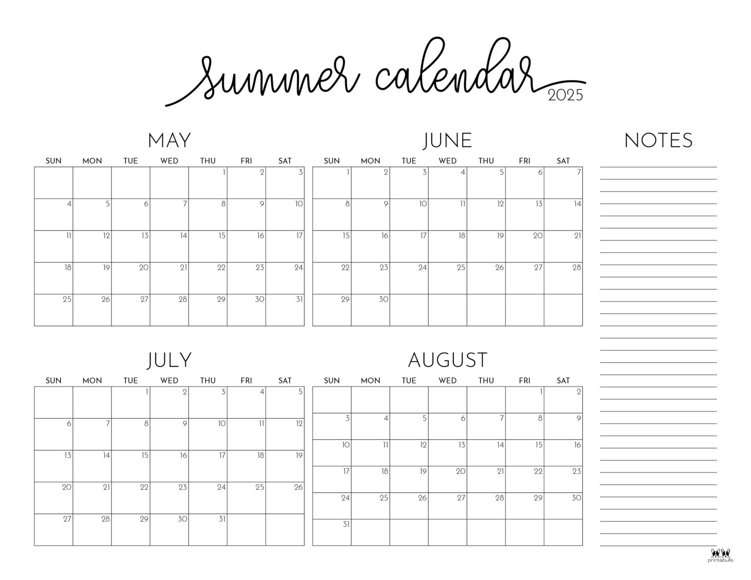 2025 Summer Calendars 27 FREE Printables Printabulls