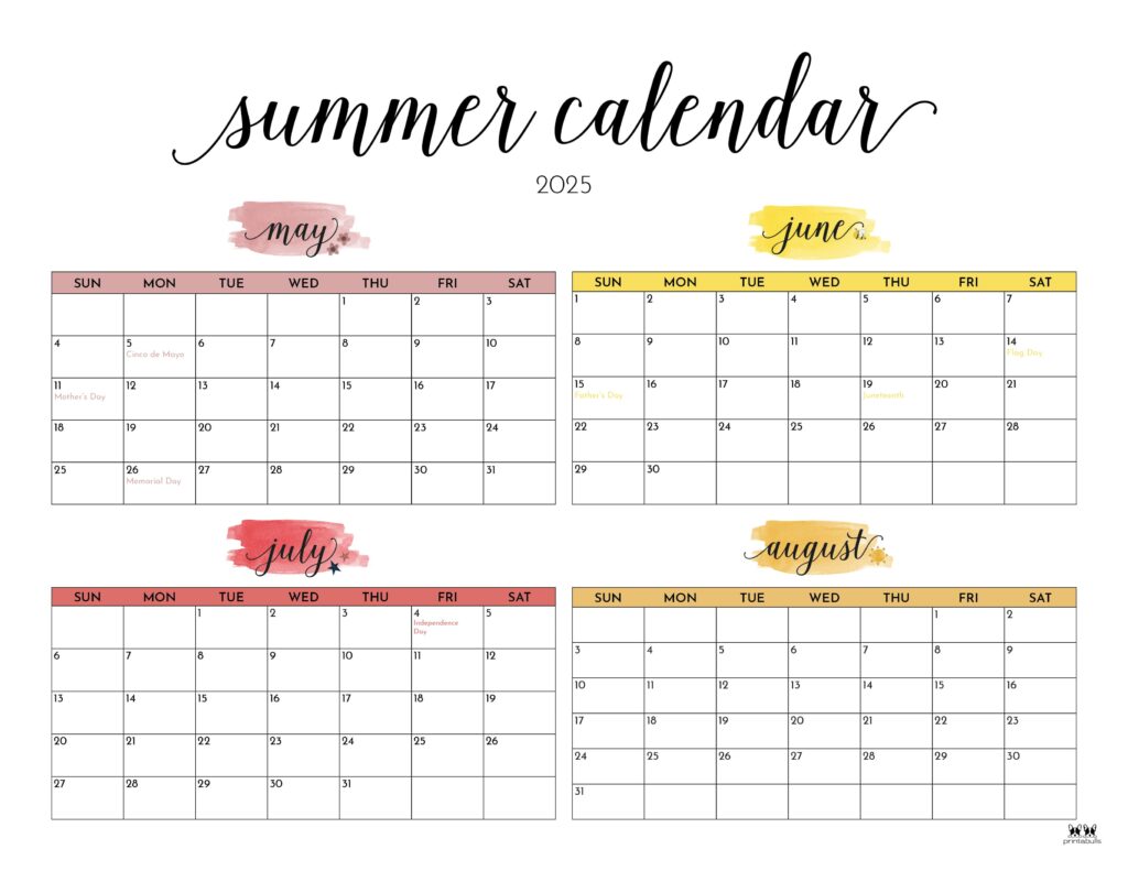 2025 Summer Calendars - 27 FREE Printables | Printabulls