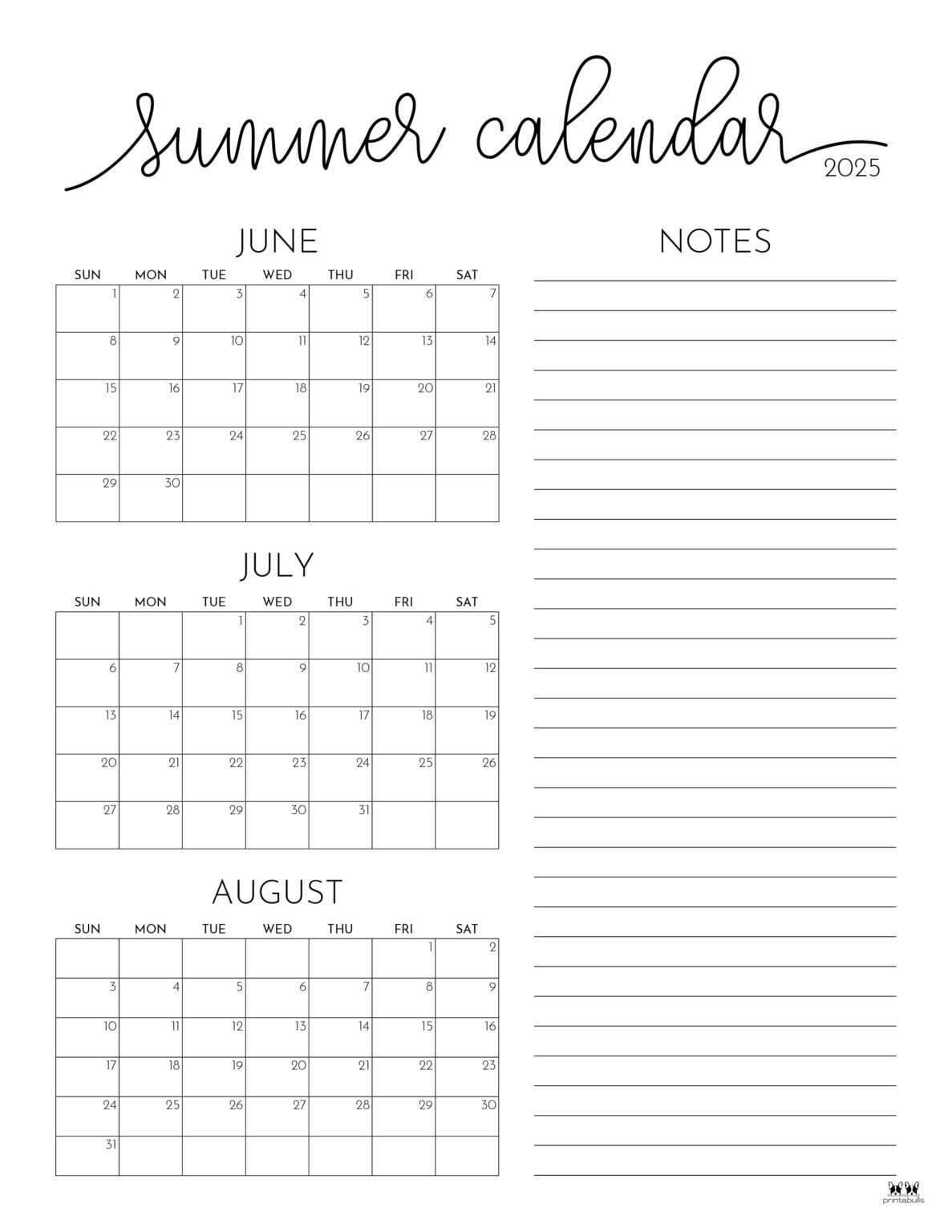 2025 Summer Calendars 27 FREE Printables Printabulls