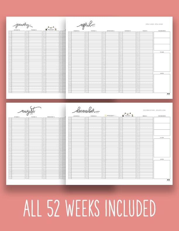 2025 Weekly Calendars All 52 Weeks PrintaBulk