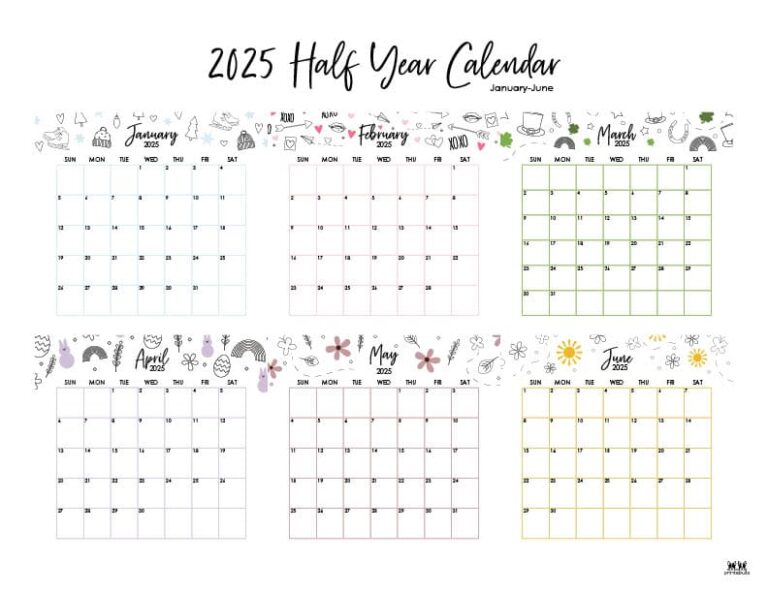 6 Month Calendars 2025 40 FREE - Printable Six Month January June 2025 Calendars 15 L 768x593 