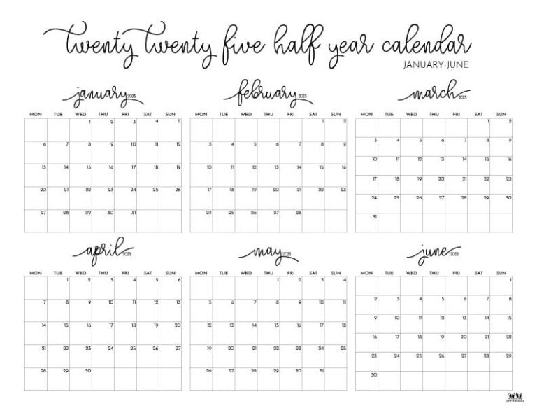 6 Month Calendars 2025 40 FREE - Printable Six Month January June 2025 Calendars 26 L SO 768x593 