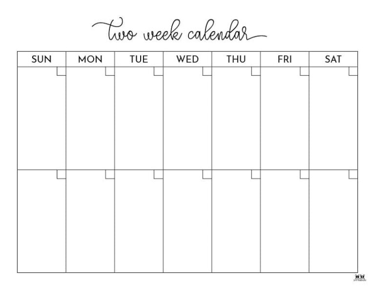 2 Week Calendars 151 FREE Calendars - Printable Two Week Calendar Style 1 Sunday Start Placeholder 768x593