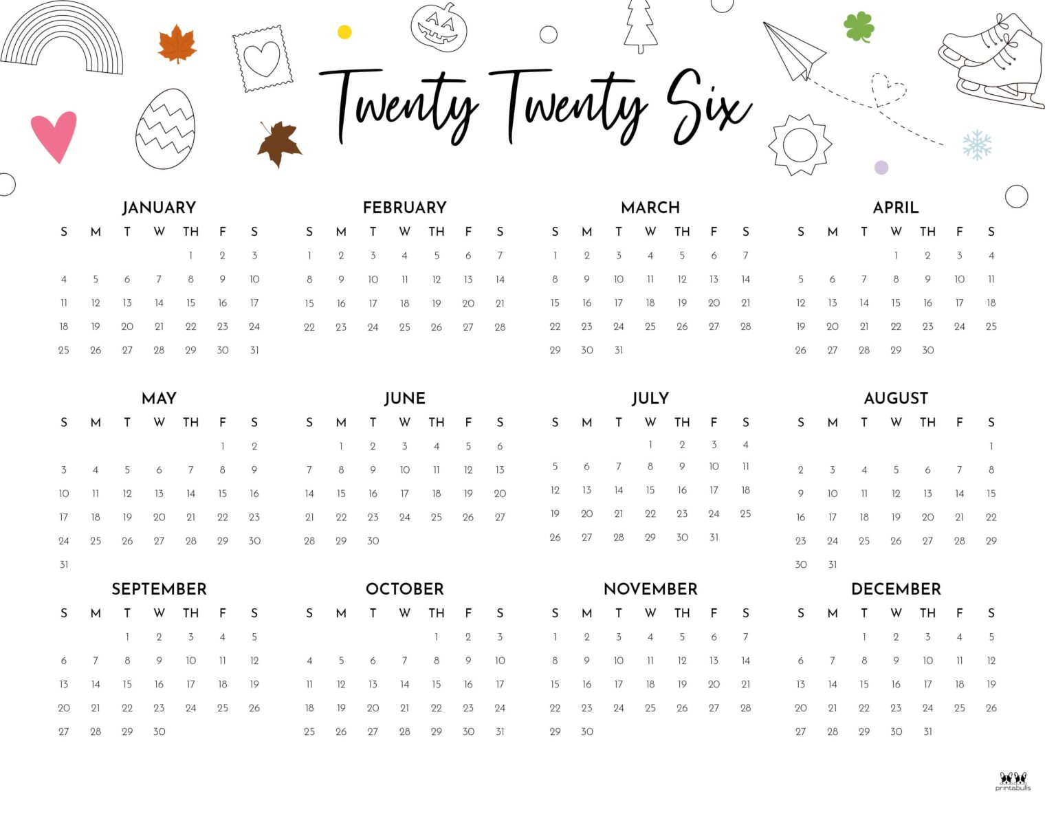 2026 Yearly Calendars - 29 Free Printables | Printabulls