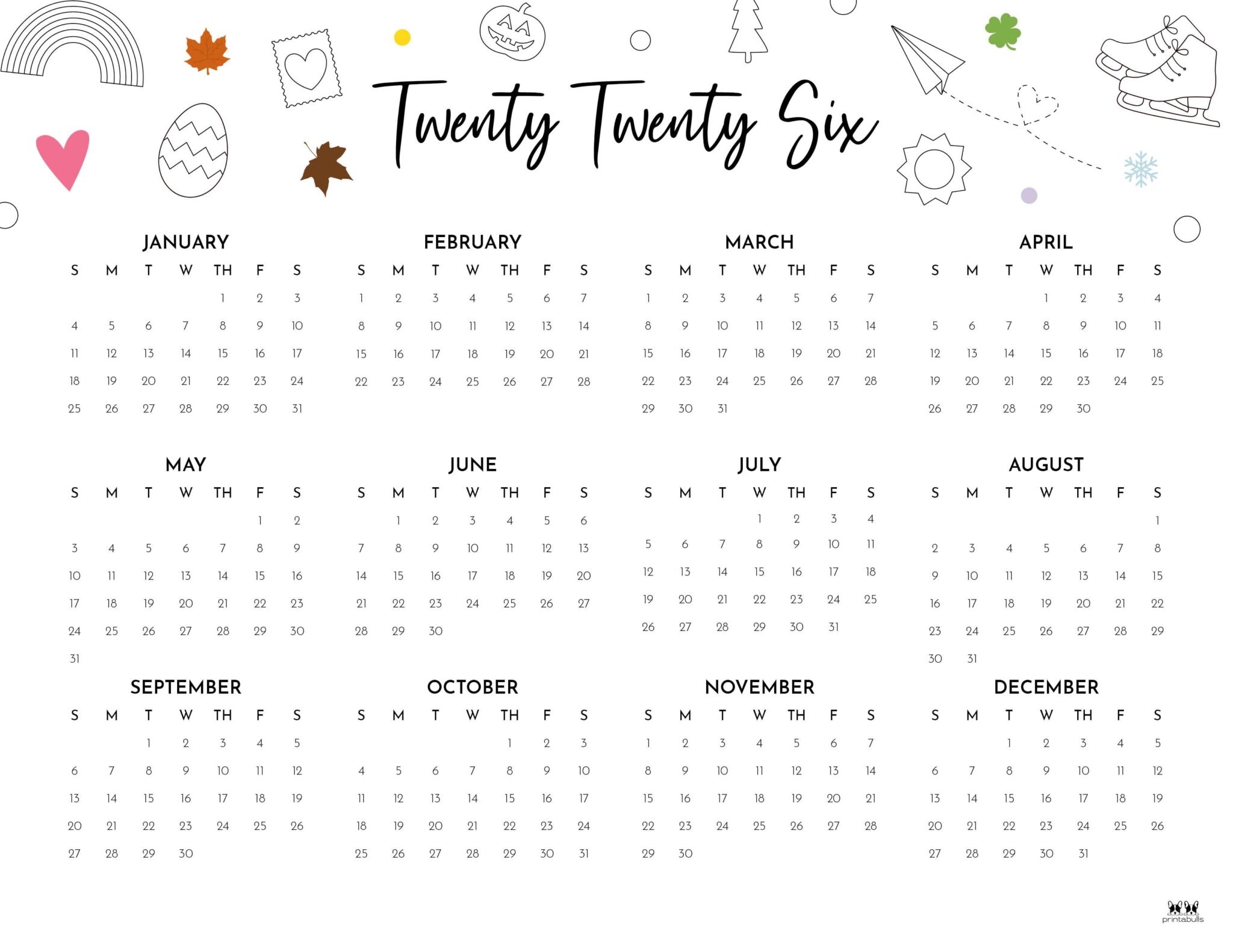 2026 Yearly Calendars - 29 Free Printables | Printabulls