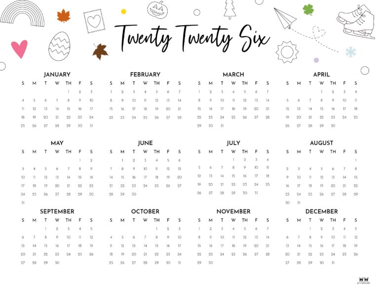 2026 Yearly Calendars - 29 Free Printables | Printabulls
