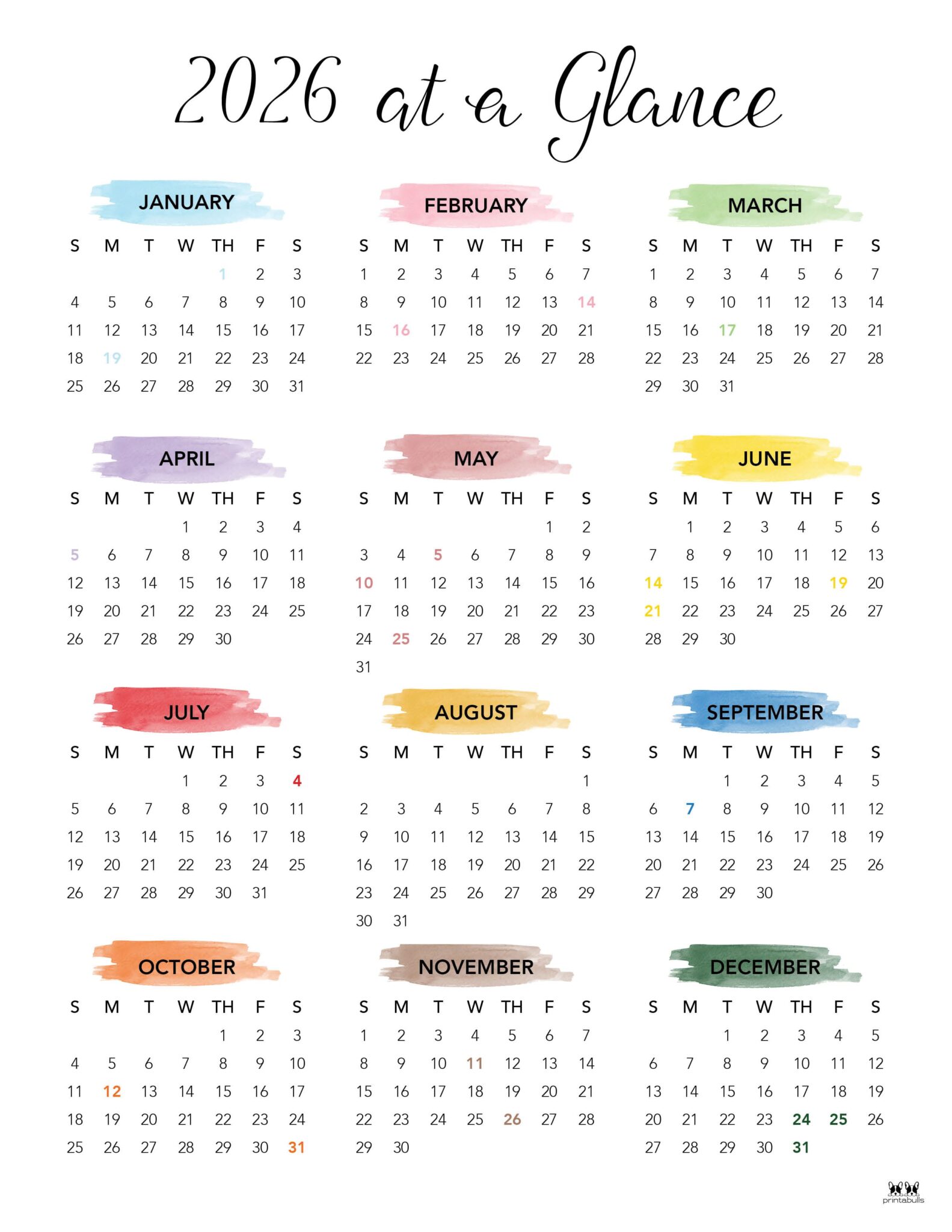 2026 Yearly Calendars - 29 Free Printables | Printabulls