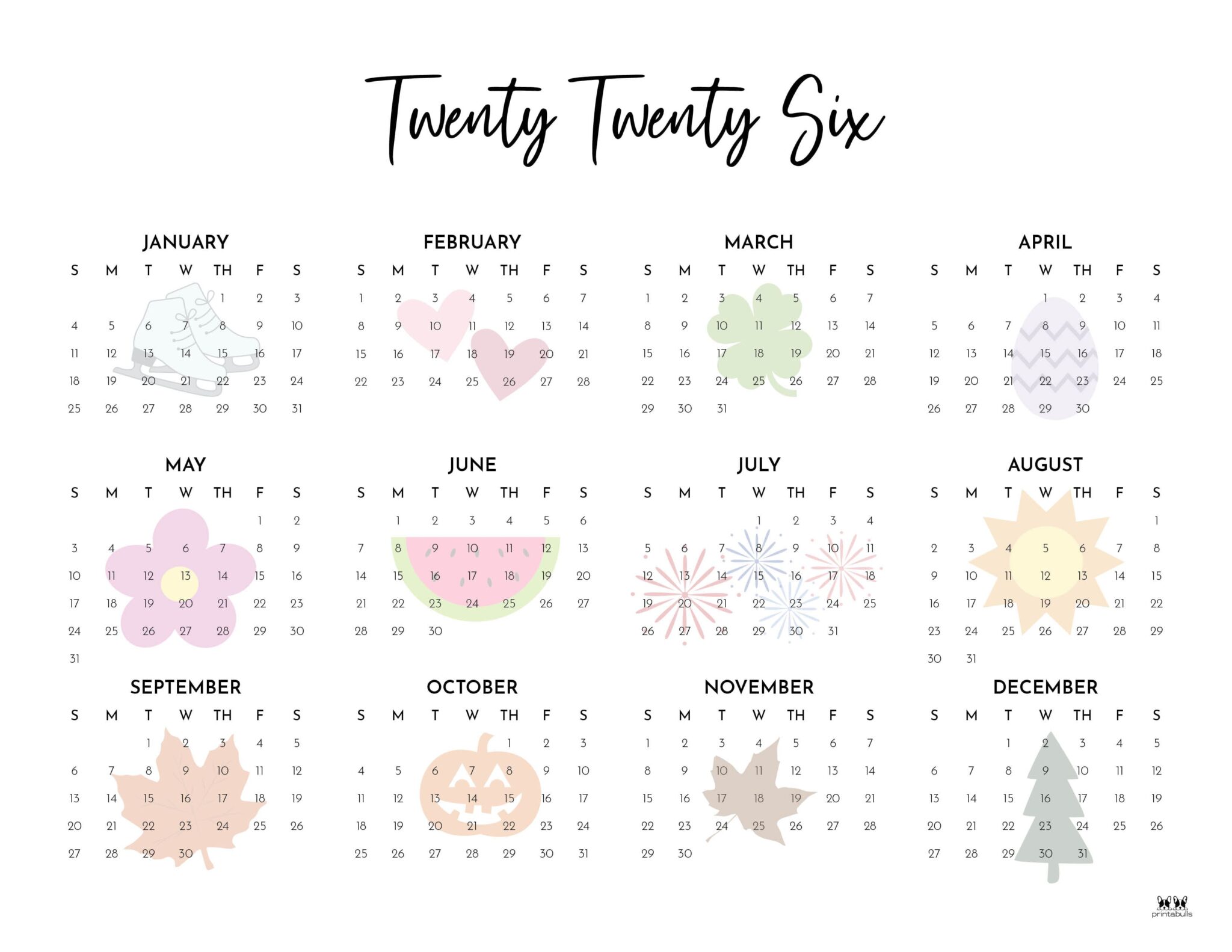 2026 Yearly Calendars - 29 Free Printables | Printabulls